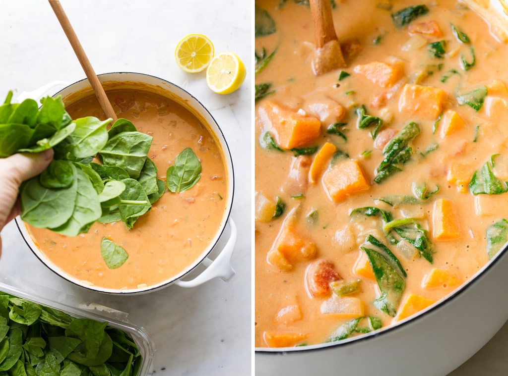 side by side photos showing the process of adding spinach to west African peanut stew. 