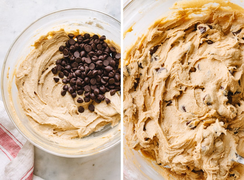 side by side photos of adding chocolate chips to classic vegan chocolate chip cookie dough.