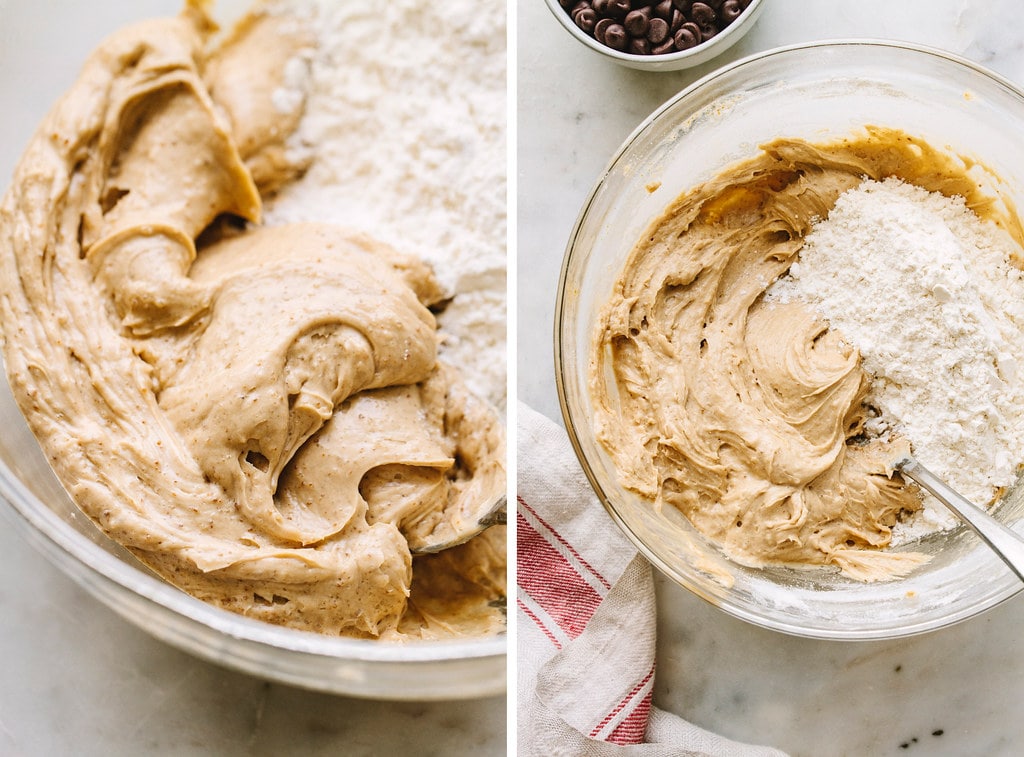 side by side photos showing the process of adding flour to vegan chocolate chip cookie dough.