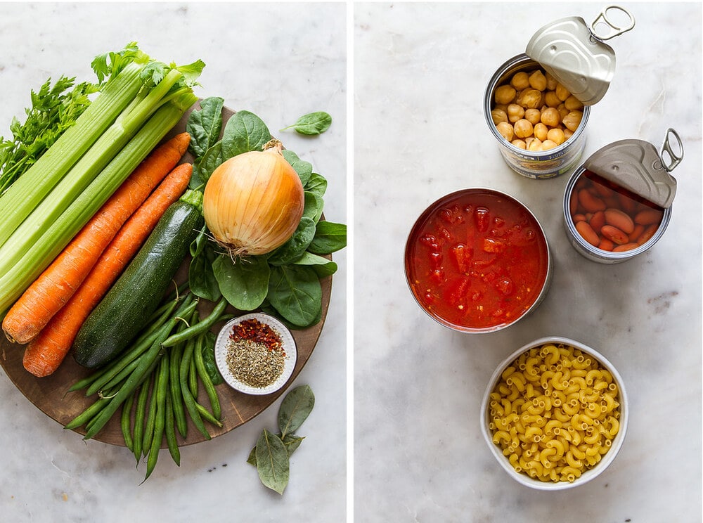 side by side photos of the ingredients needed to make vegan minestrone soup.