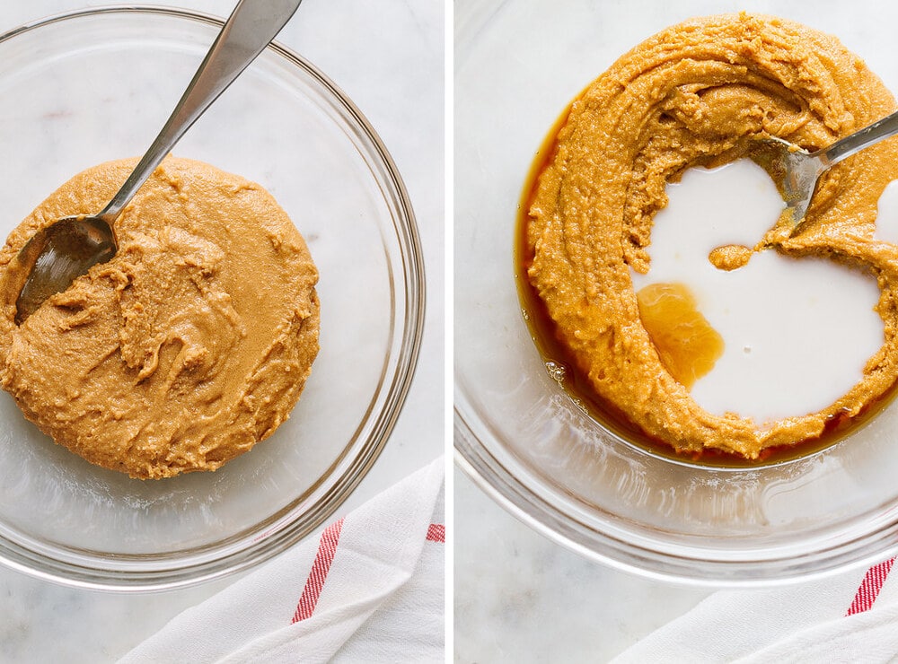 side by side photos showing the process of creaming peanut butter and sugar, than adding almond milk and vanilla.