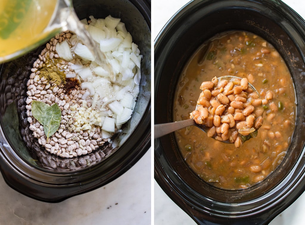 side by side photos of the process of making slow cooker vegan refried beans.