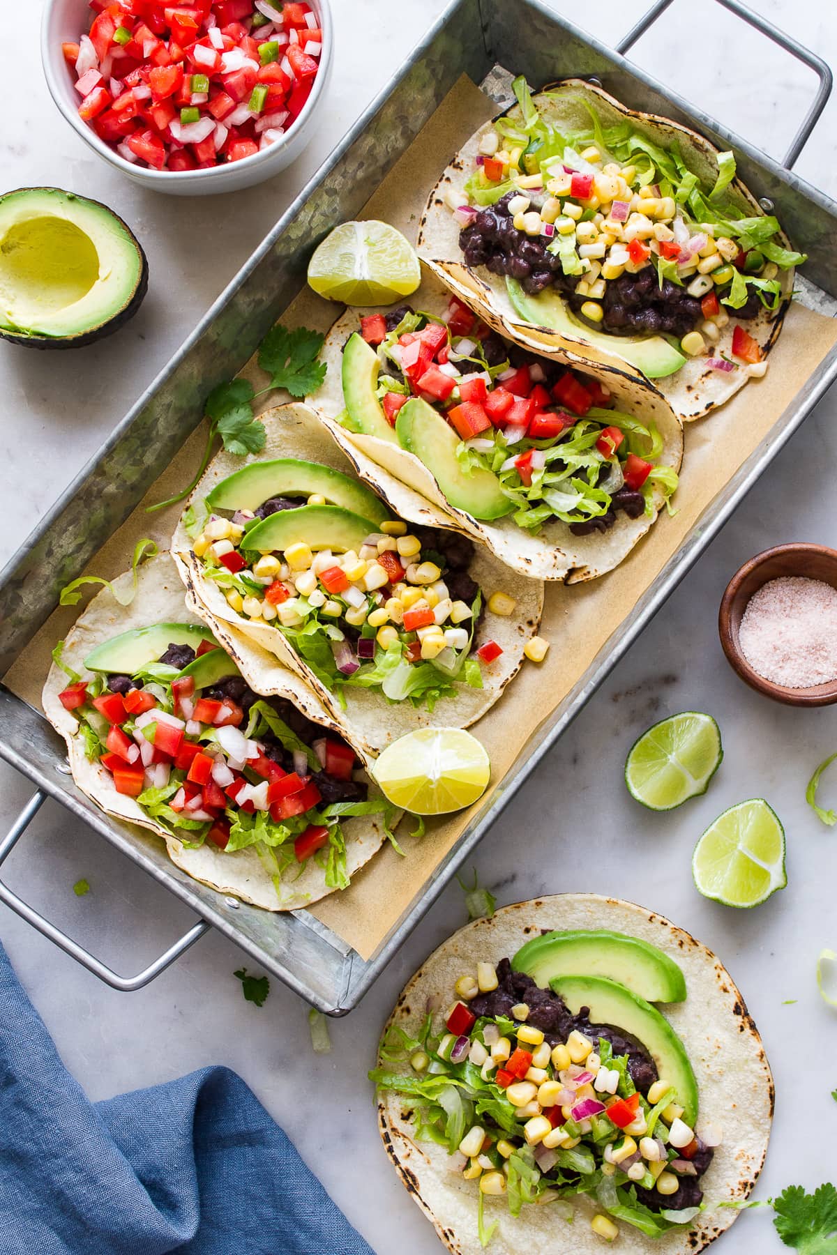 top down view of easy black bean tacos on a serving tray.