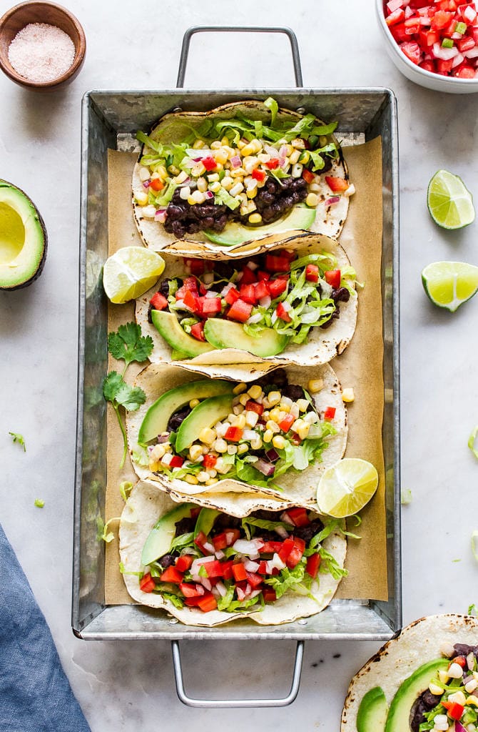 top down view of easy black bean tacos on a serving tray.
