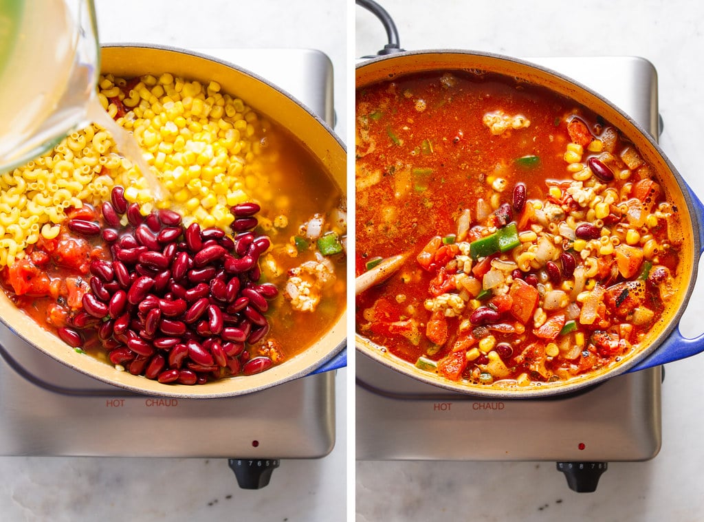 side by side photos showing the process of adding remaining ingredients and simmering vegan chili mac in a dutch oven.