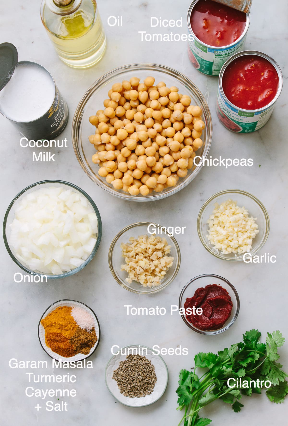 top down view of ingredients needed to make healthy chickpea tikka masala.
