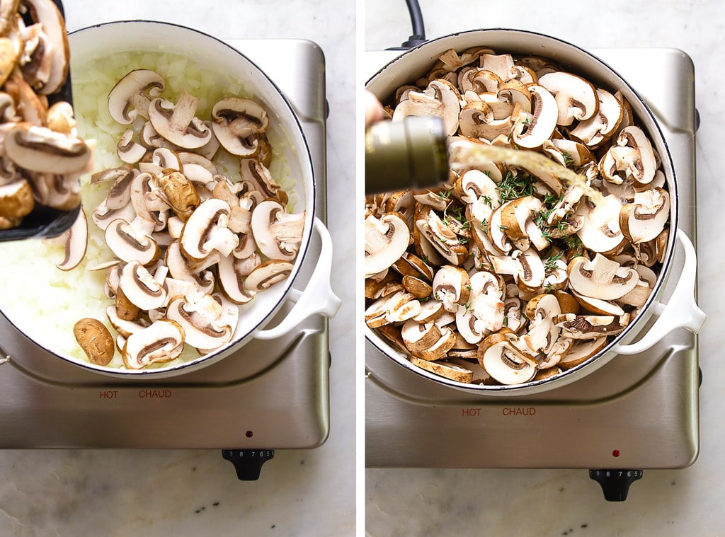 side by side photos showing the process of making vegan mushroom soup.
