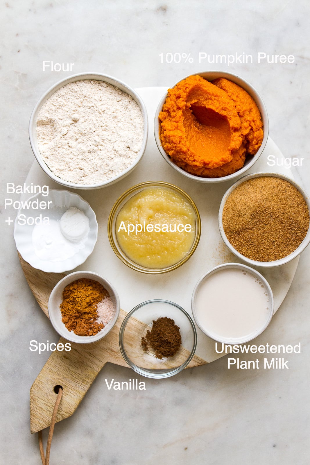 top down view of the ingredients used to make the best vegan pumpkin muffins. 