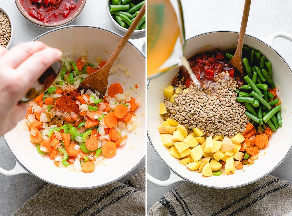 side by side photos showing the process of making vegan lentil soup.