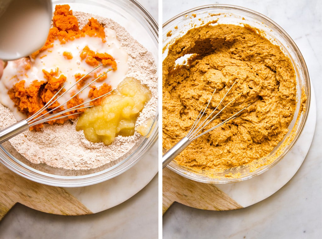 side by side photos showing the process of mixing together the vegan pumpkin muffin batter.
