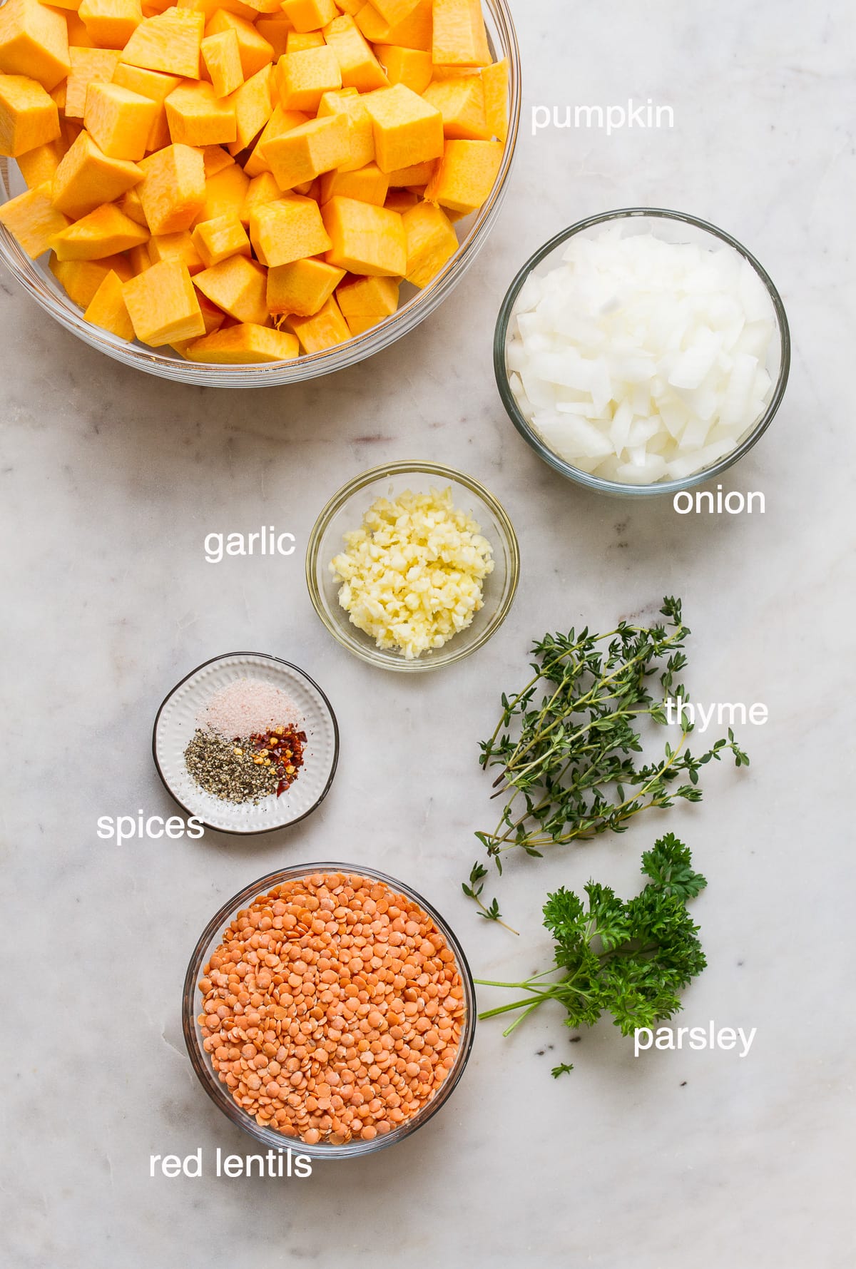 top down view of ingredients needed to make vegan pumpkin soup with red lentils.