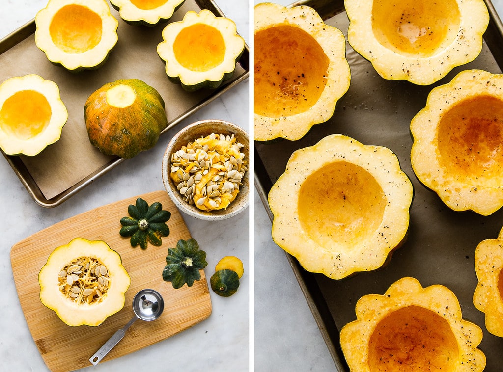 side by side photos showing the process of getting acorn squash ready for roasting.