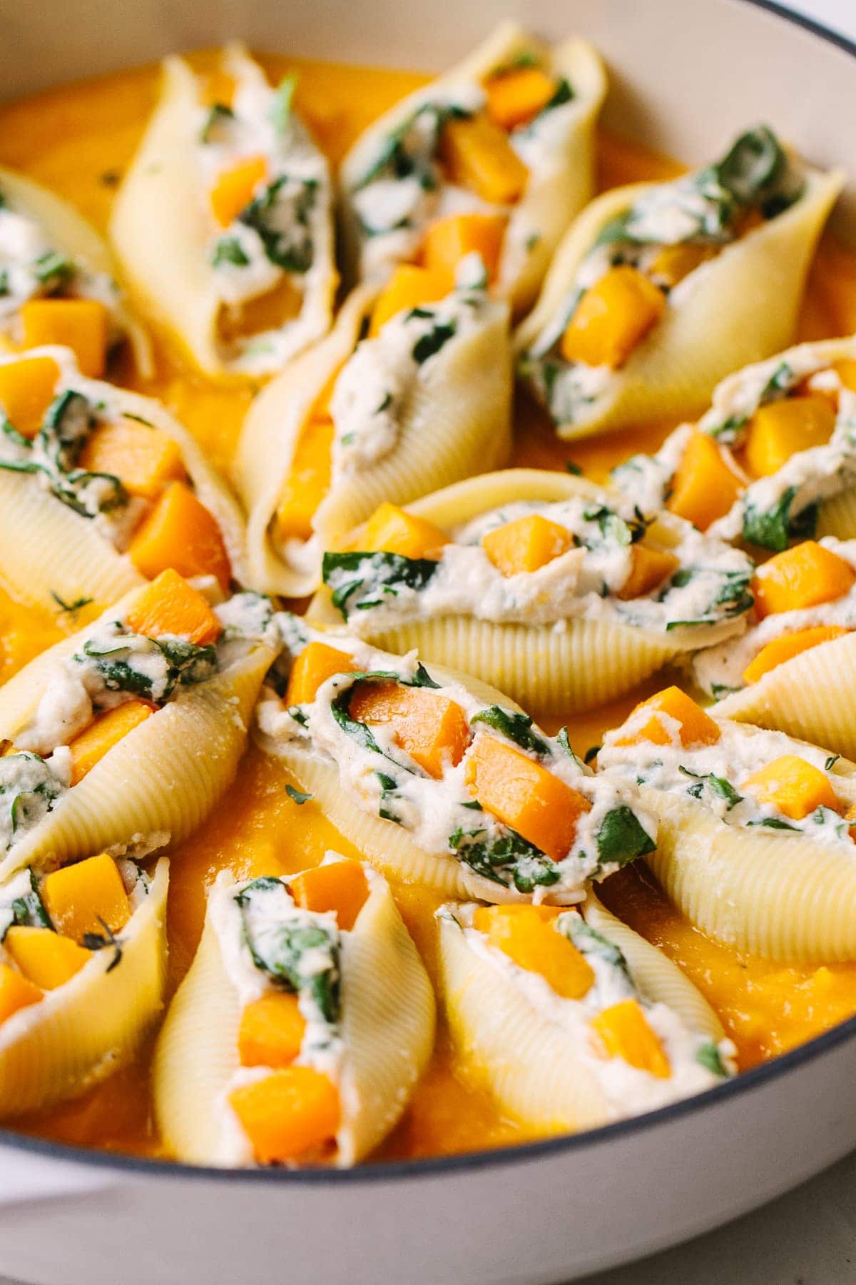 up close, side angle view of a casserole with freshly made butternut squash stuffed shells.