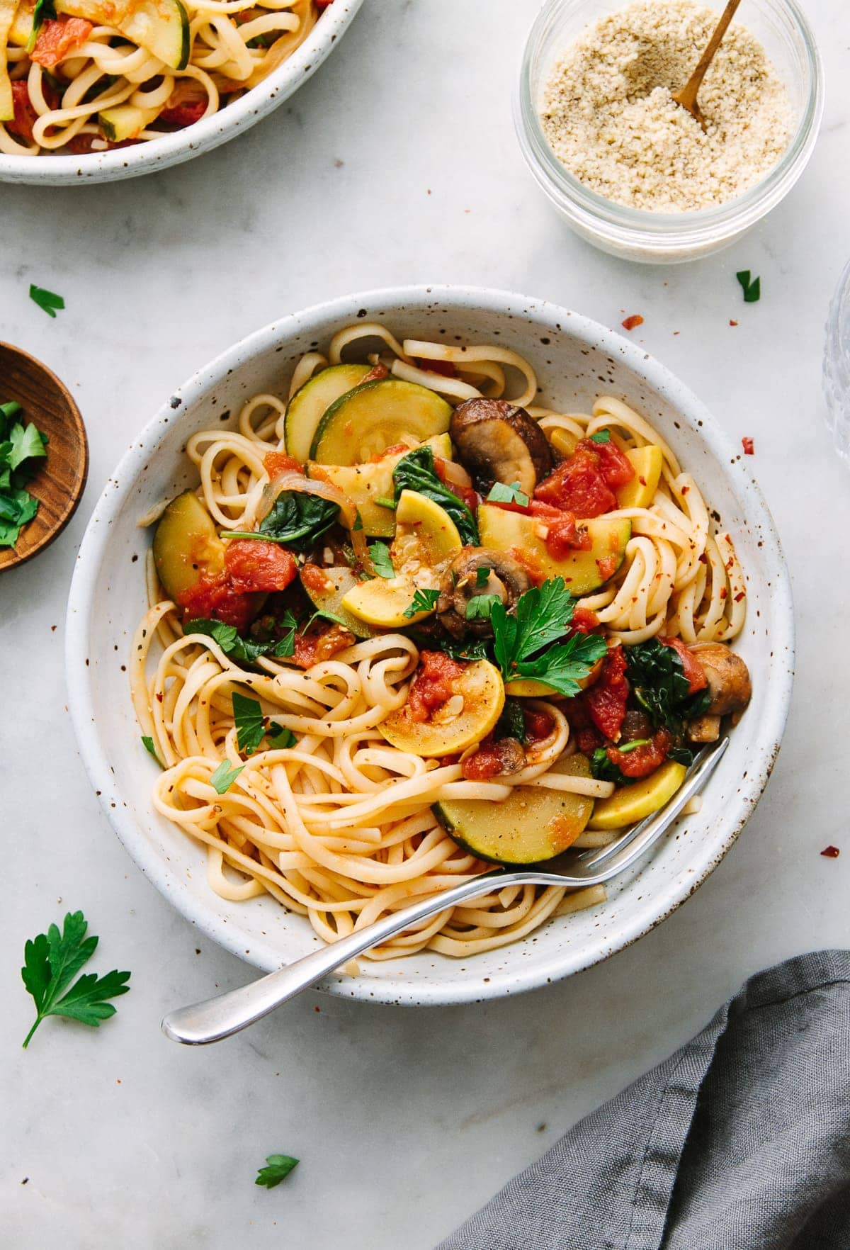 top down view of a bowl with a serving of the best vegetable spaghetti with fork.