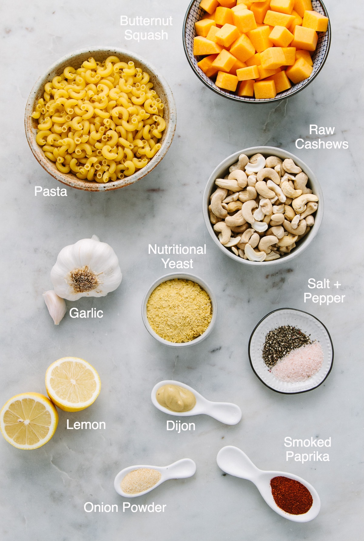 top down view of ingredients used to make vegan butternut squash mac and cheese.