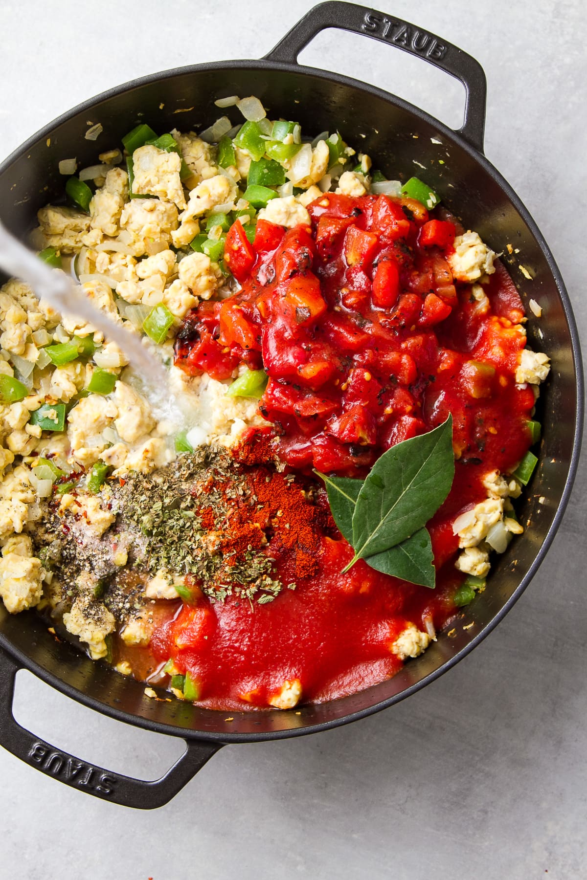 top down view showing the process of making American vegan goulash recipe.