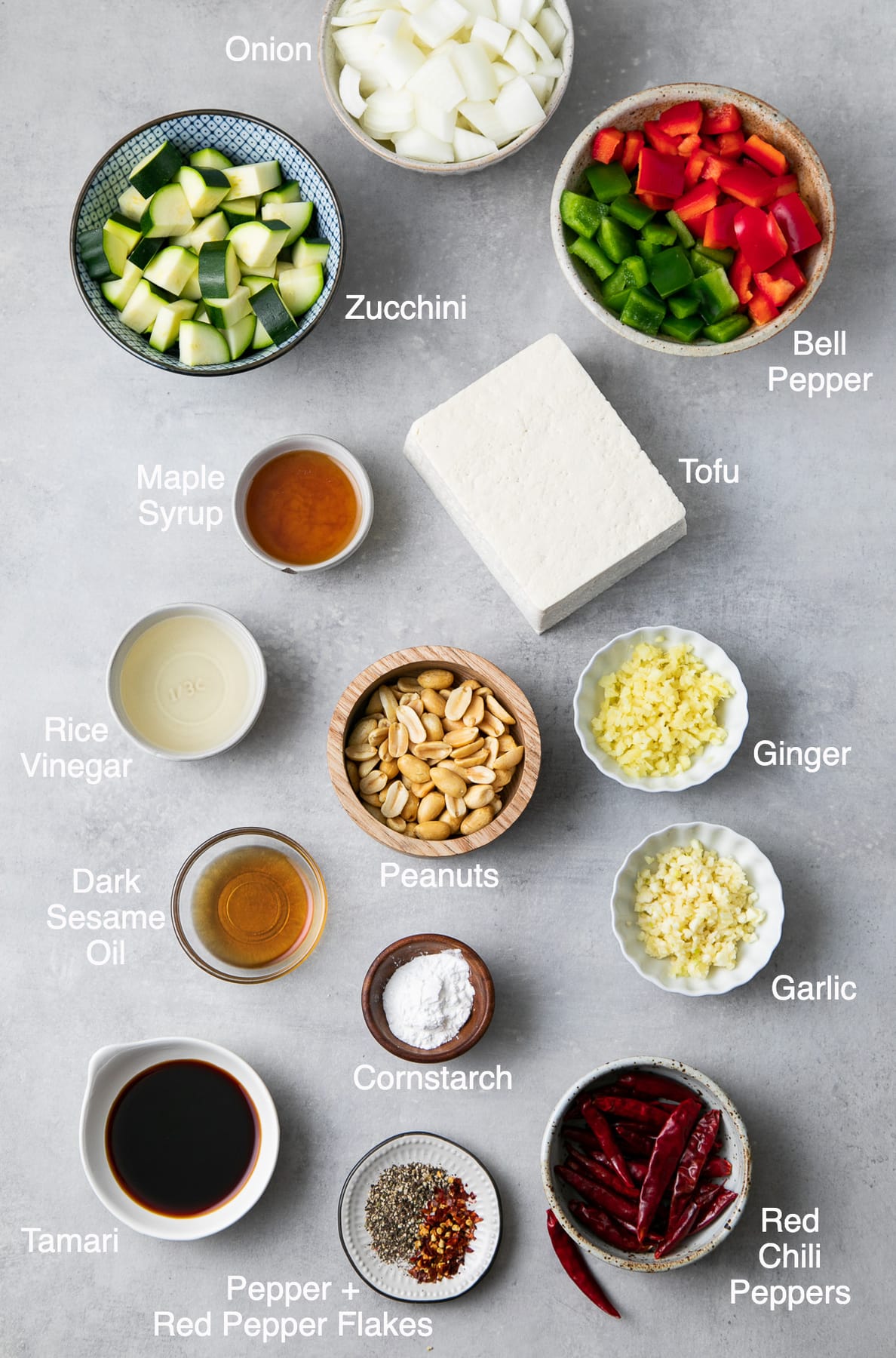 top down view of ingredients used to make healthy kung pao tofu recipe.