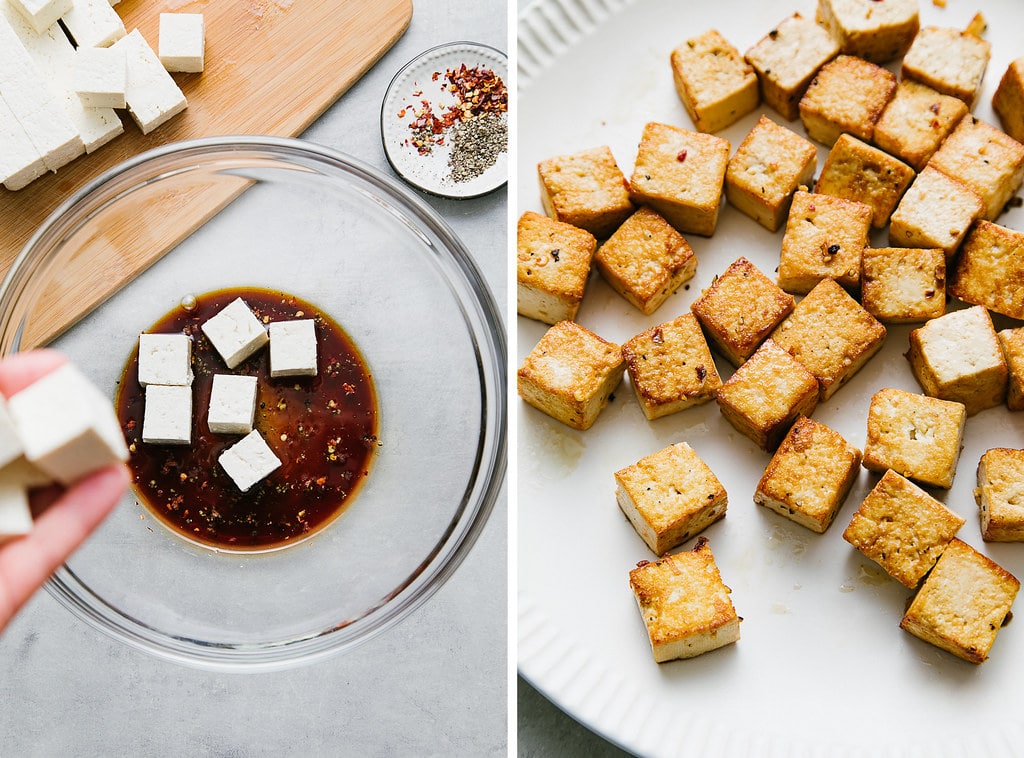 side by side photos showing the process of making crispy tofu.