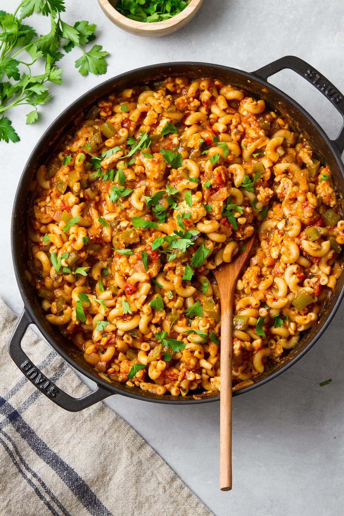 top down view of freshly made pot of vegan goulash.