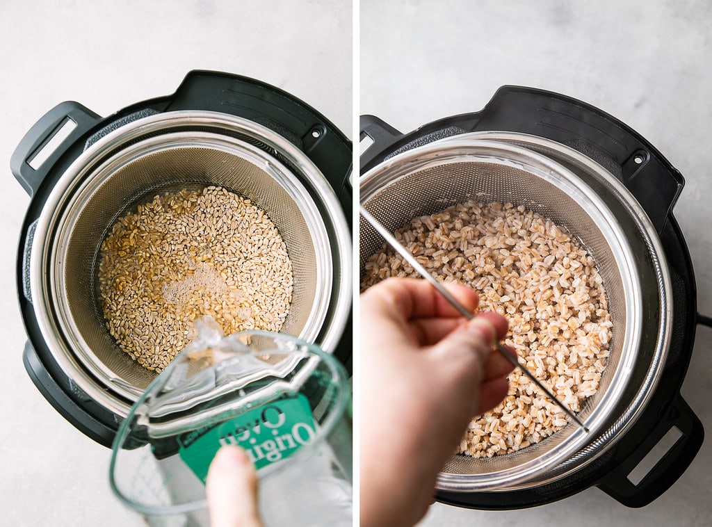 side by side photos showing the process of making instant pot farro.