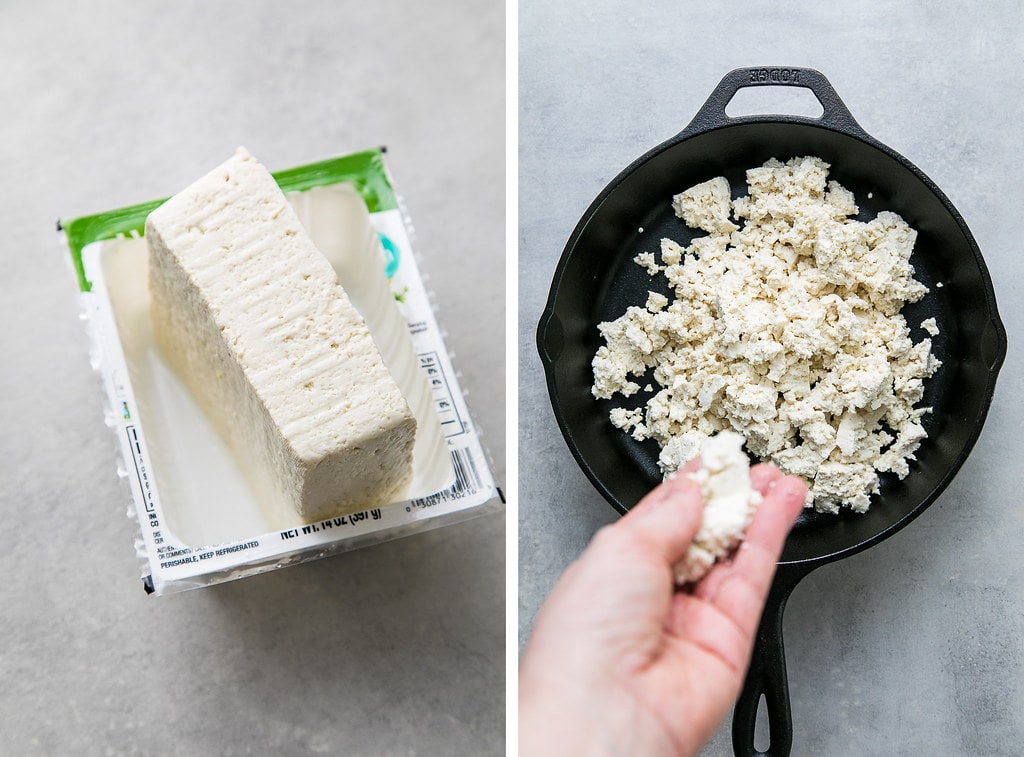 side by side photos showing the process of draining tofu and adding it to a hot skillet.