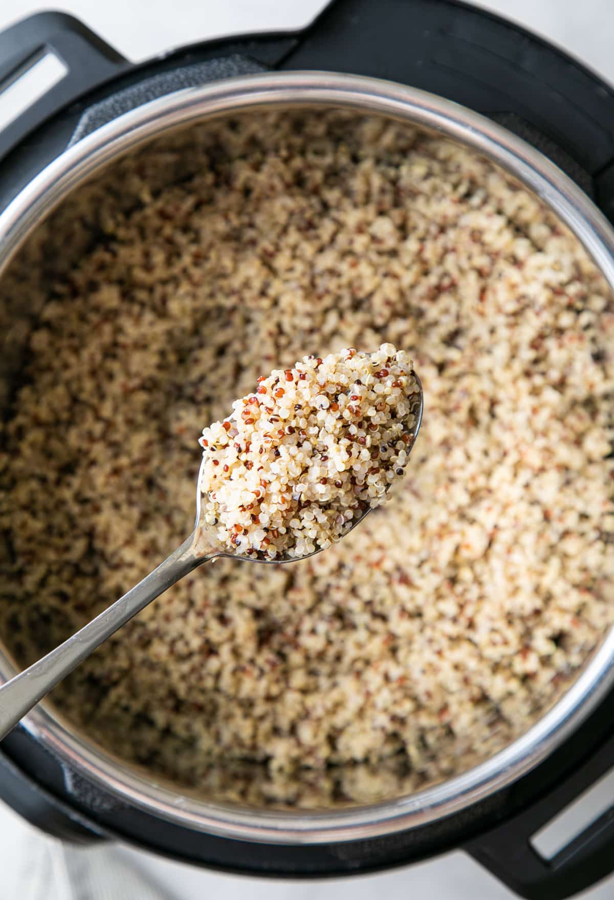 top down view of spoonful of freshly made instant pot quinoa.