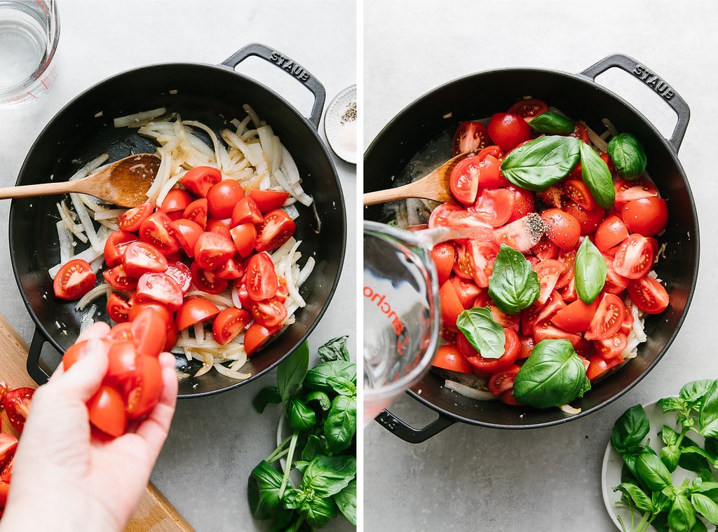 side by side photos showing the process of making healthy tomato basil soup recipe.
