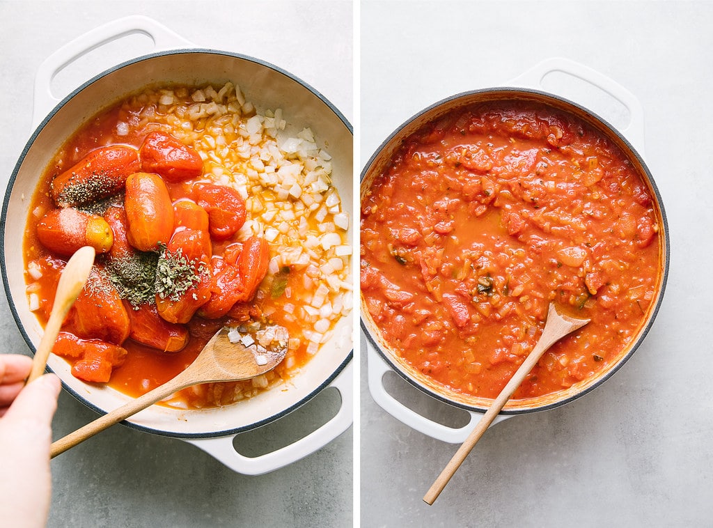 side by side photos showing the process of making marinara sauce.