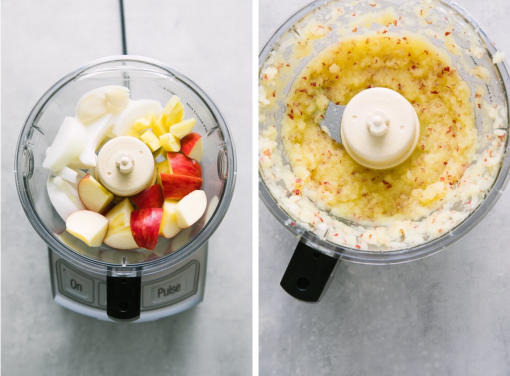 side by side photos showing the process of making kimchi seasoning.