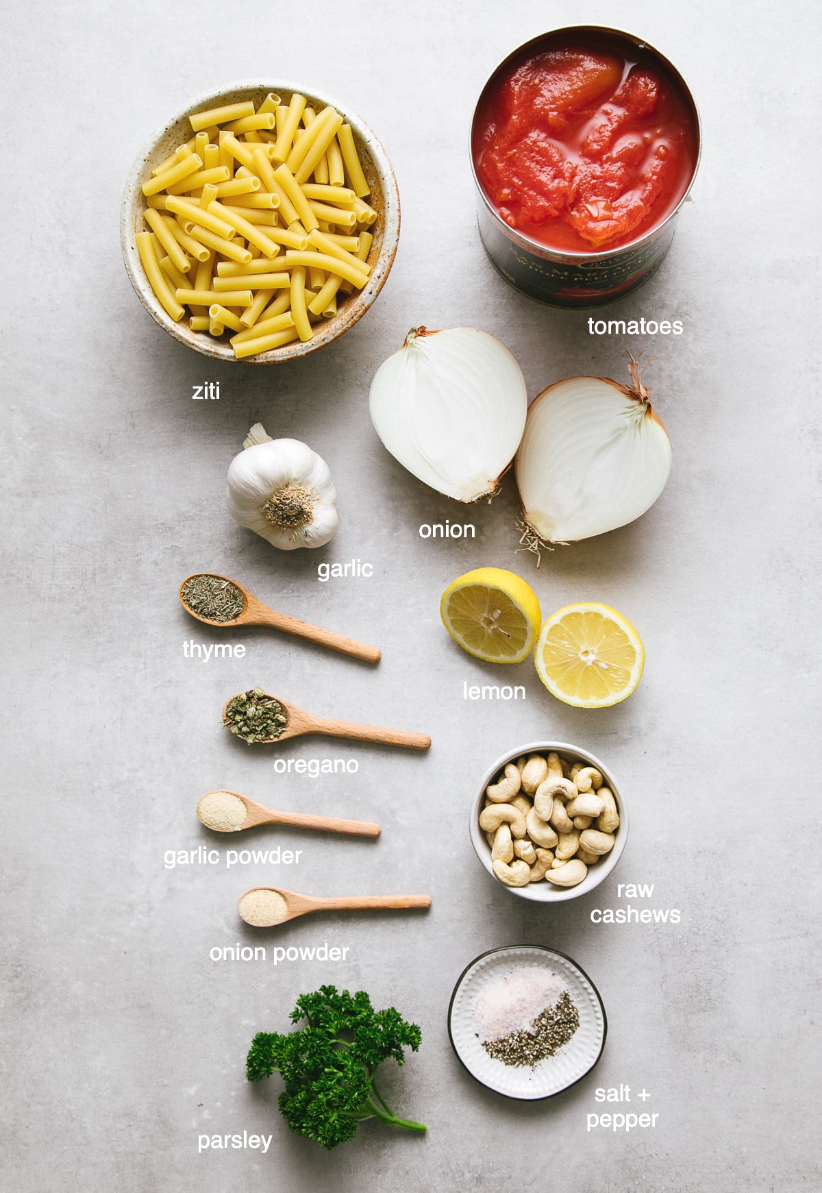 top down view of all the ingredients needed to make vegan baked ziti recipe.