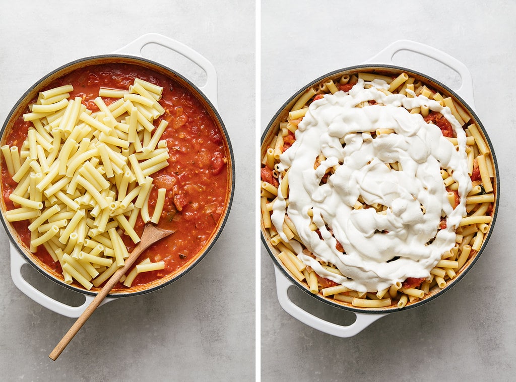 side by side photos showing the process of making vegan baked ziti.