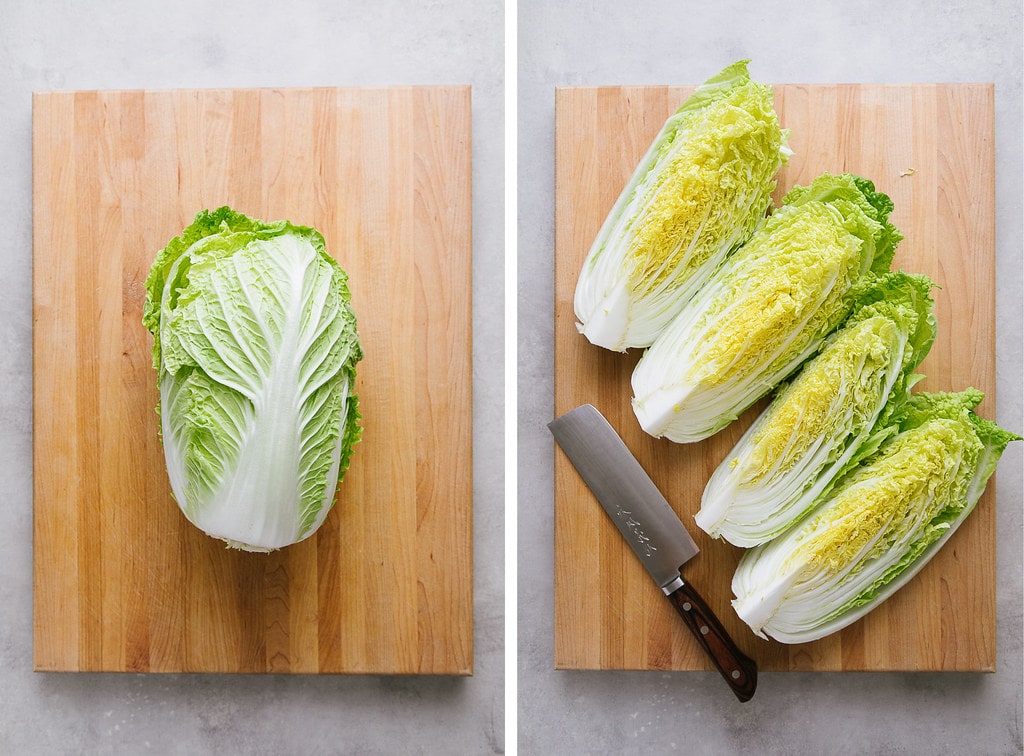 top down view showing the process of slicing cabbage.