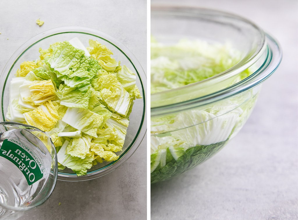 top down view showing the process of brining cabbage for kimchi.