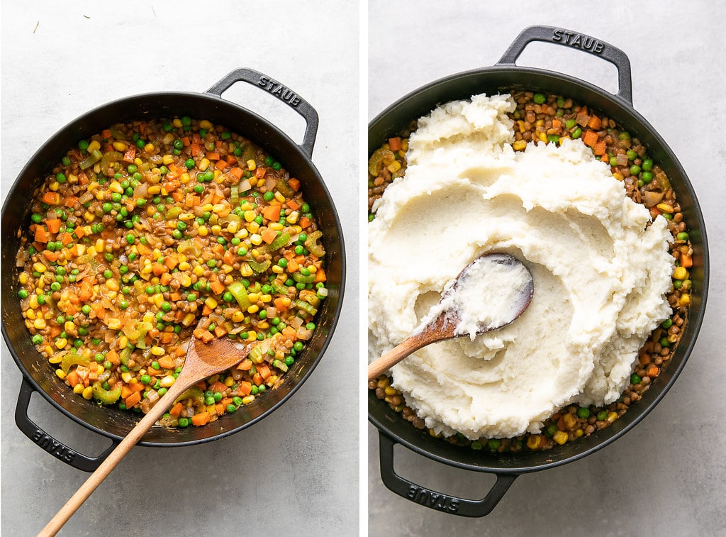 side by side photos showing the process of topping vegan shepherds pie filling with mashed potatoes before baking.