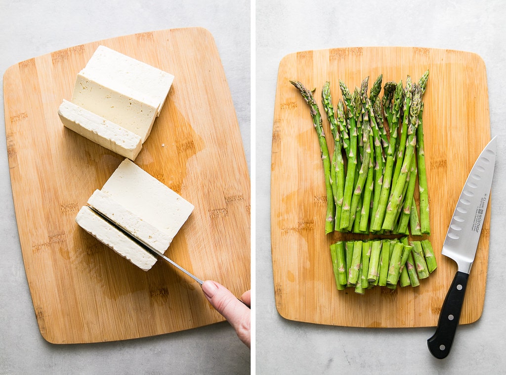 side by side photos of prepping tofu and asparagus.
