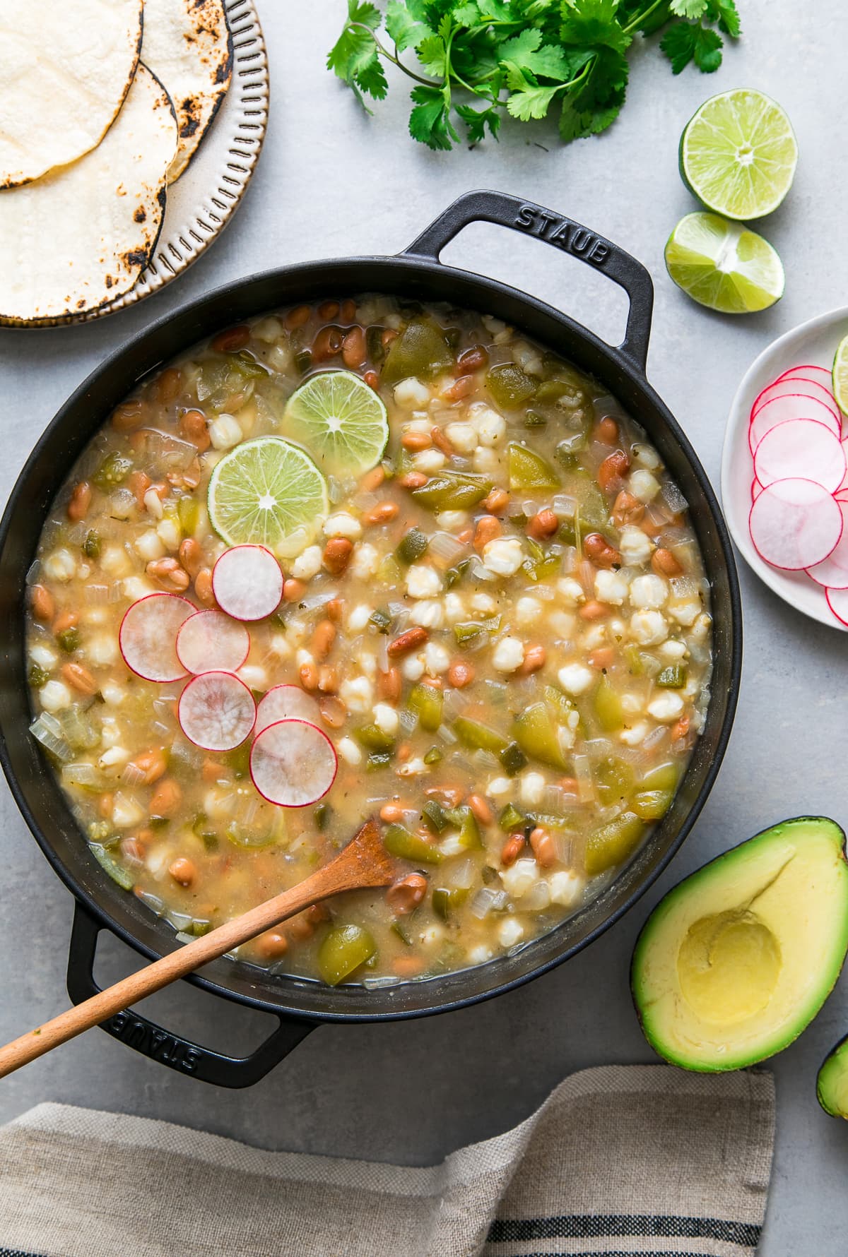top down view of freshly made pot of healthy posole verde.
