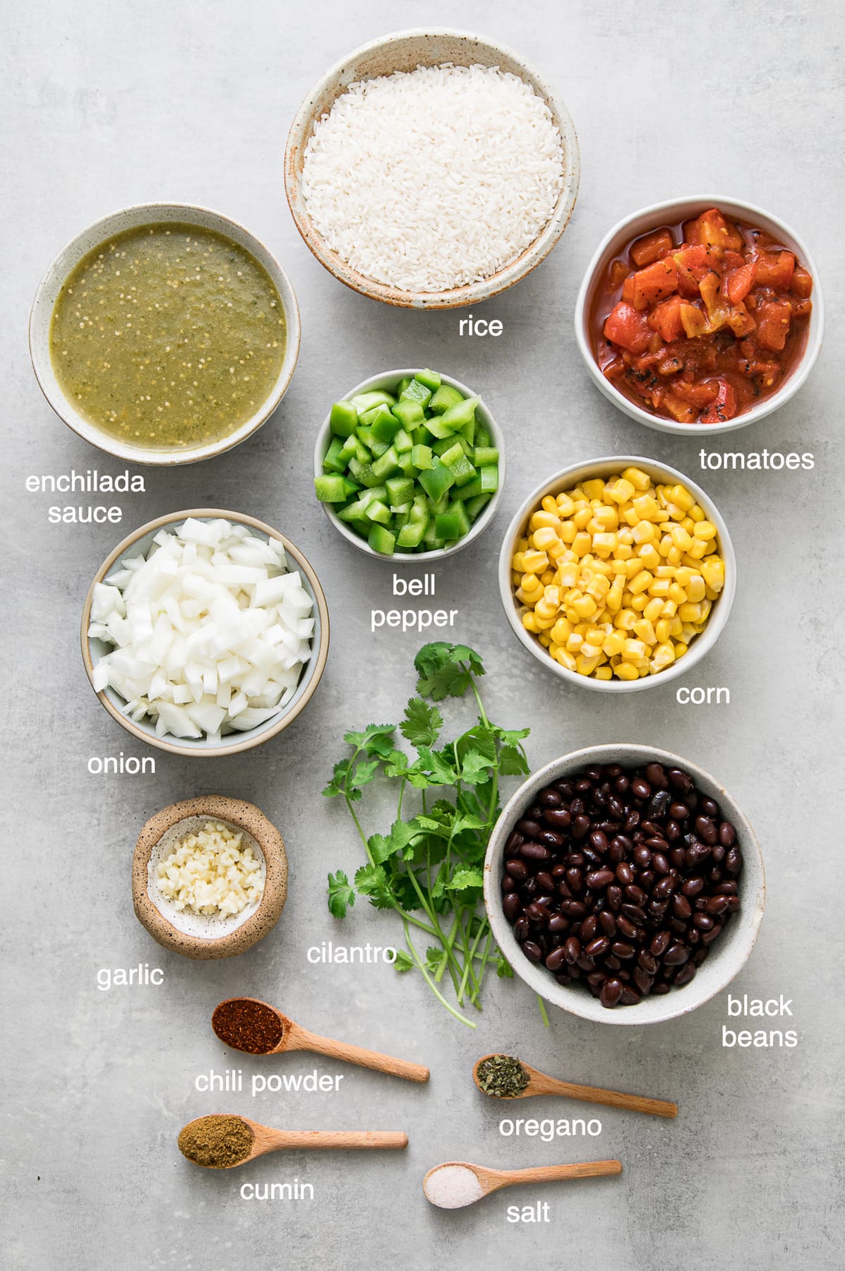 top down view of the ingredients used to the best enchilada rice recipe.
