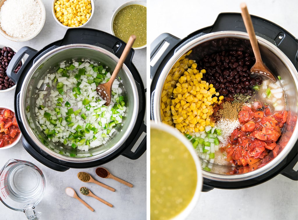 side by side photos showing the process of making enchilada rice in an instant pot.