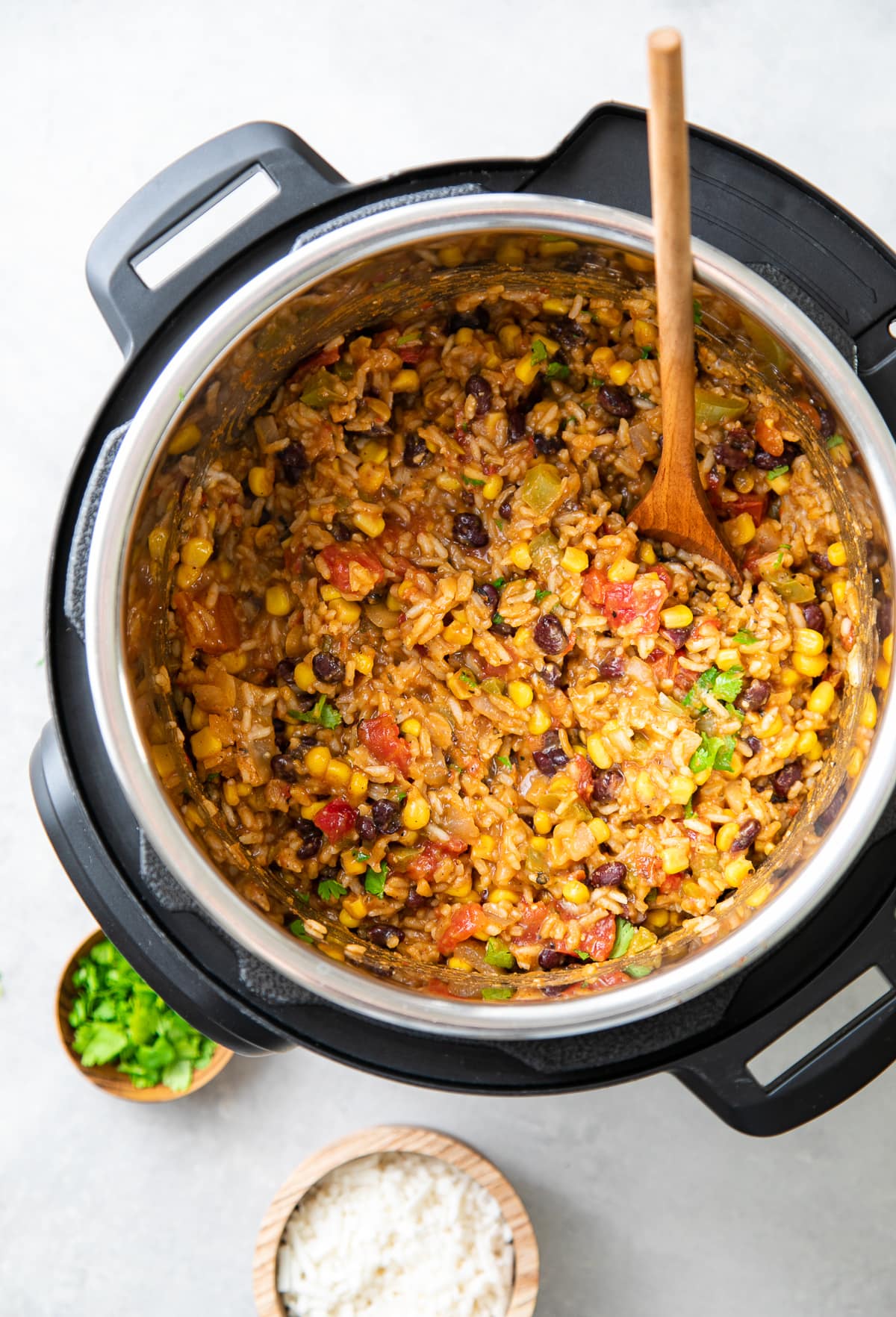 top down view of freshly made enchilada rice in an instant pot.
