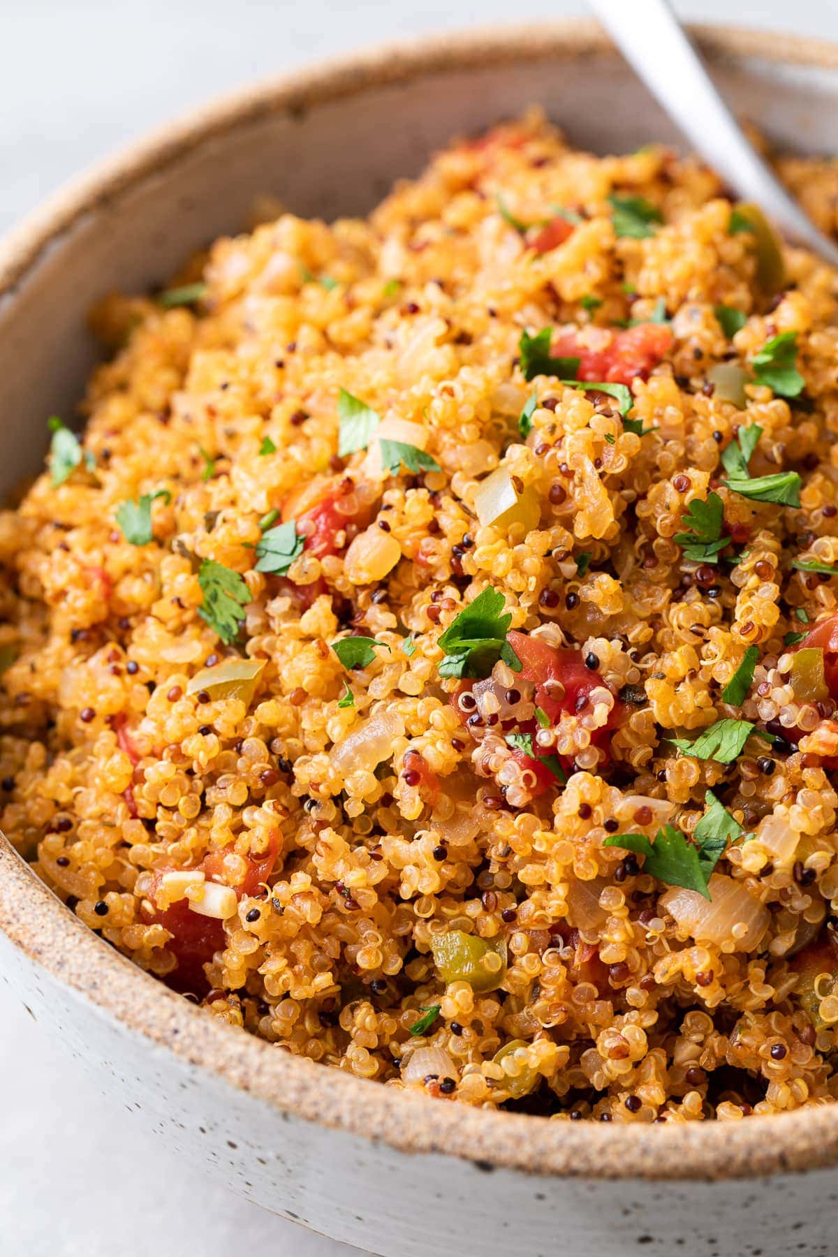 side angle view of quinoa spanish rice in a bowl.