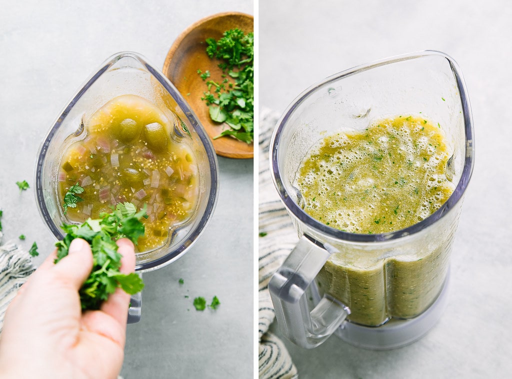 side by side photos showing the process of blending verde sauce.