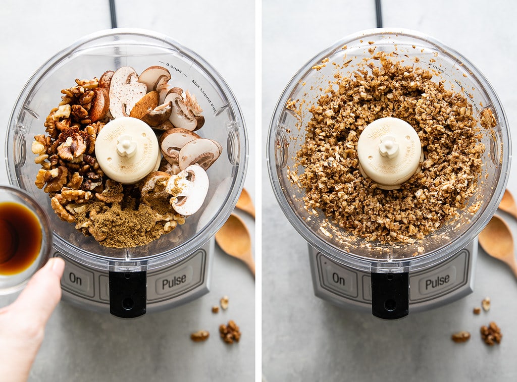 side by side photos showing the process of making walnut meat in a food processor.