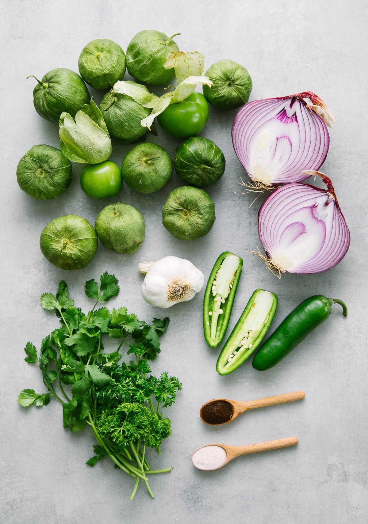 top down view of ingredients used to make the best verde sauce recipe.