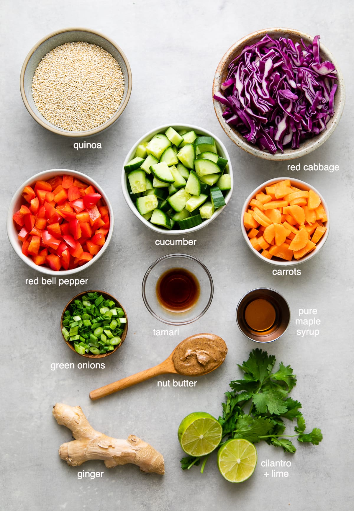 top down view of ingredients used to make healthy vegan Thai quinoa salad recipe.