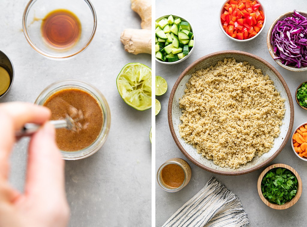 side by side photos showing the process of making Thai quinoa salad.