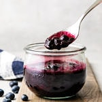 head on view of glass jar of blueberry compote with a spoon with scoop over top.