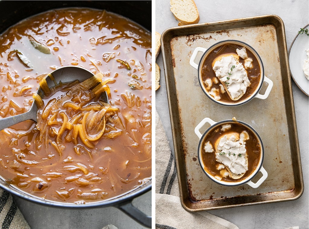 side by side photos of finished french onion soup and soup in mini dutch oven pots ready for the oven.