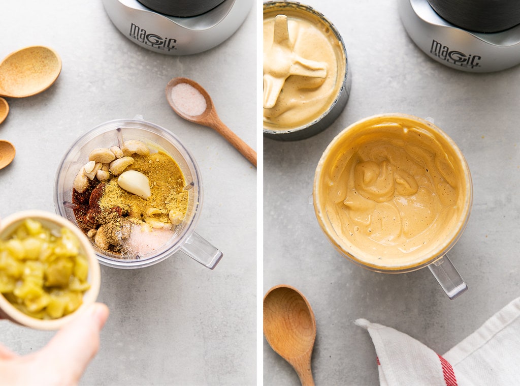 side by side photos showing the process of making vegan cashew queso.