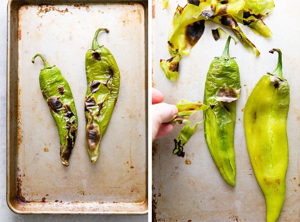 side by side photos showing the process of prepping charred hatch chilies.