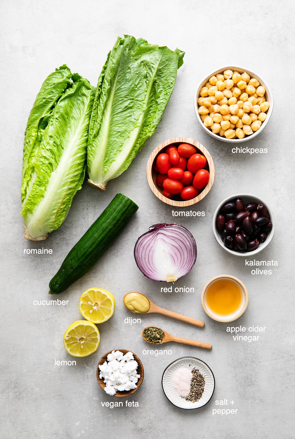 top down view of ingredients used to make crunchy mediterranean chopped salad.